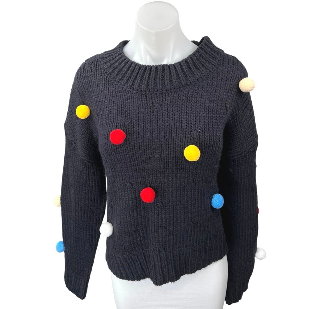 Cider Women's Blue Pom Poms Chunky Knit Long Sleeve Pullover Sweater Top Size M